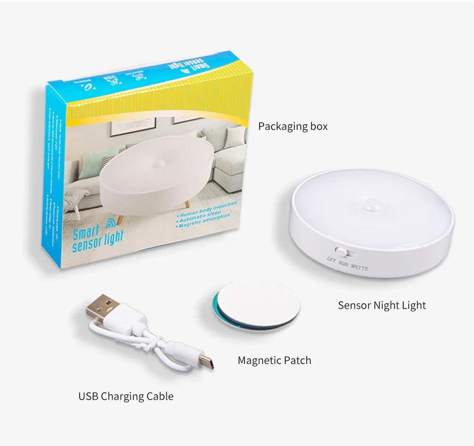 LED Night Light With Switch Smart Motion Sensor Magnetic Wireless Wall Lamp For Bed USB Rechargeable Warm White RGB Night Lamp