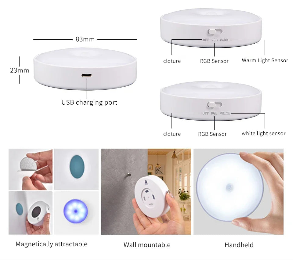 LED Night Light With Switch Smart Motion Sensor Magnetic Wireless Wall Lamp For Bed USB Rechargeable Warm White RGB Night Lamp