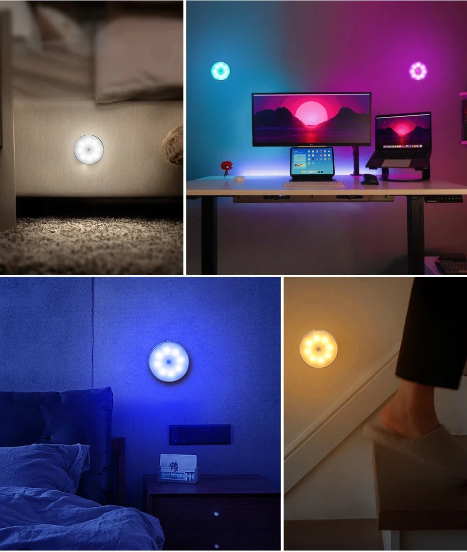 LED Night Light With Switch Smart Motion Sensor Magnetic Wireless Wall Lamp For Bed USB Rechargeable Warm White RGB Night Lamp