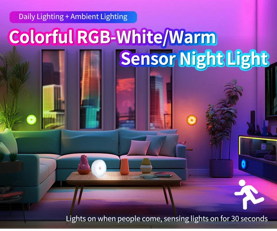 LED Night Light With Switch Smart Motion Sensor Magnetic Wireless Wall Lamp For Bed USB Rechargeable Warm White RGB Night Lamp