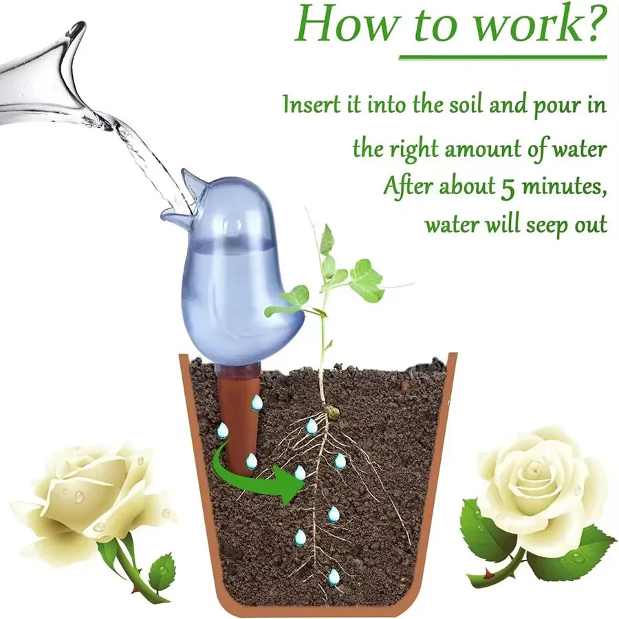 Automatic Flower Waterer, Self-Watering Water Balloon, Bird Shaped Hand Blown Plastic Plant Waterer for Home Garden