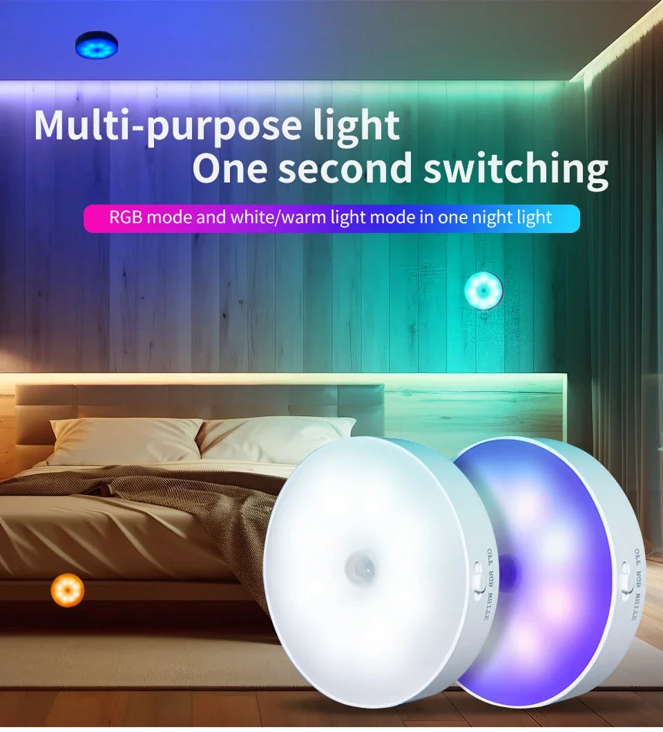 LED Night Light With Switch Smart Motion Sensor Magnetic Wireless Wall Lamp For Bed USB Rechargeable Warm White RGB Night Lamp